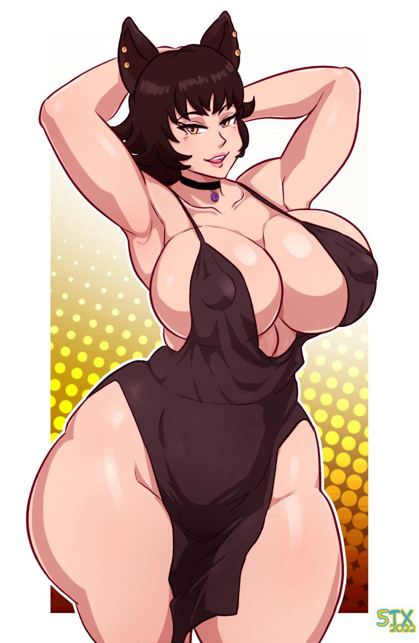 1girls 5tarex animal_ears armpits arms_behind_head big_breasts breasts busty cat_ears child_bearing_hips dress eye_contact female female_focus female_only huge_breasts kali_belladonna looking_at_viewer mature_female milf nipple_bulge orange_eyes pose posing rwby short_hair smile solo standing thick_thighs thighs thunder_thighs voluptuous wide_hips