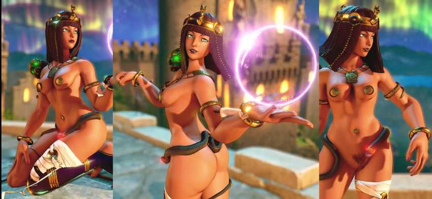 3d abs bandaged_leg bridges capcom catgirl chocolate egyptian female female_only green_eyes looking_away menat nakikawa nipple_covers orb petite posing purple_hair pussy_hair short_hair small_breasts smaller_female street_fighter street_fighter_v tiara