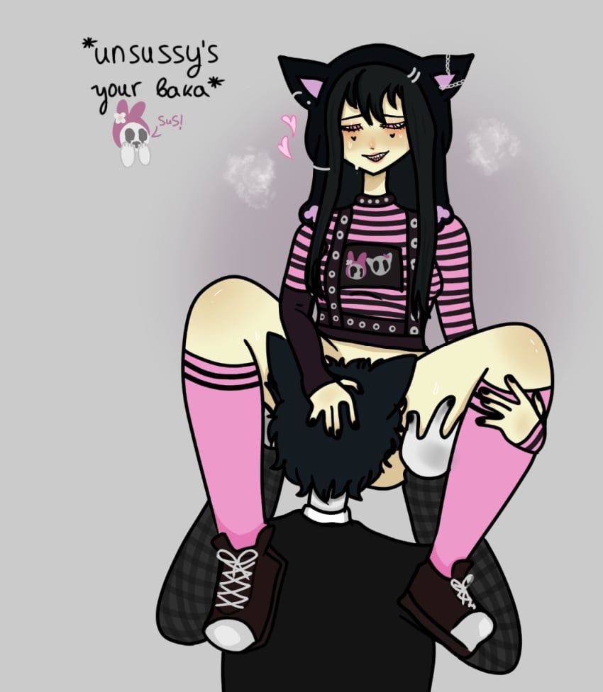 1boy 1girls artist_request black_hair blush cunnilingus e-girl emo hand_on_head head_between_legs implied_cunnilingus original_character panting pussy_licking roblox roblox_avatar source_request tagme