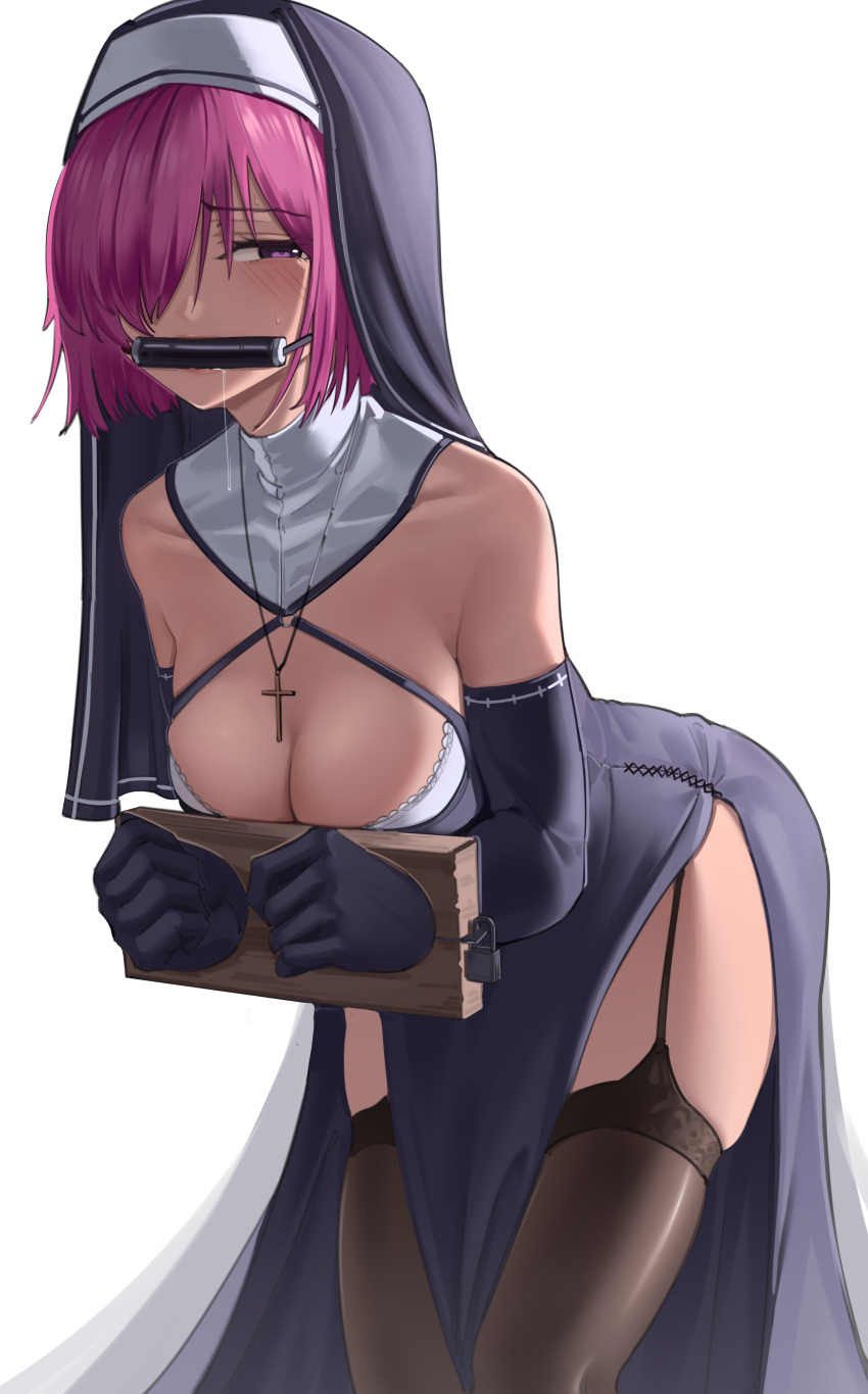 absurdres bare_shoulders bit_gag blush bound bound_wrists breasts cowboy_shot cross cross_necklace drooling elbow_gloves eyebrows_visible_through_hair fate/grand_order fate_(series) female gag gloves habit hair_over_one_eye harris_hero highres jewelry mash_kyrielight necklace nun parted_lips saliva simple_background slq solo stocks thighhighs white_background