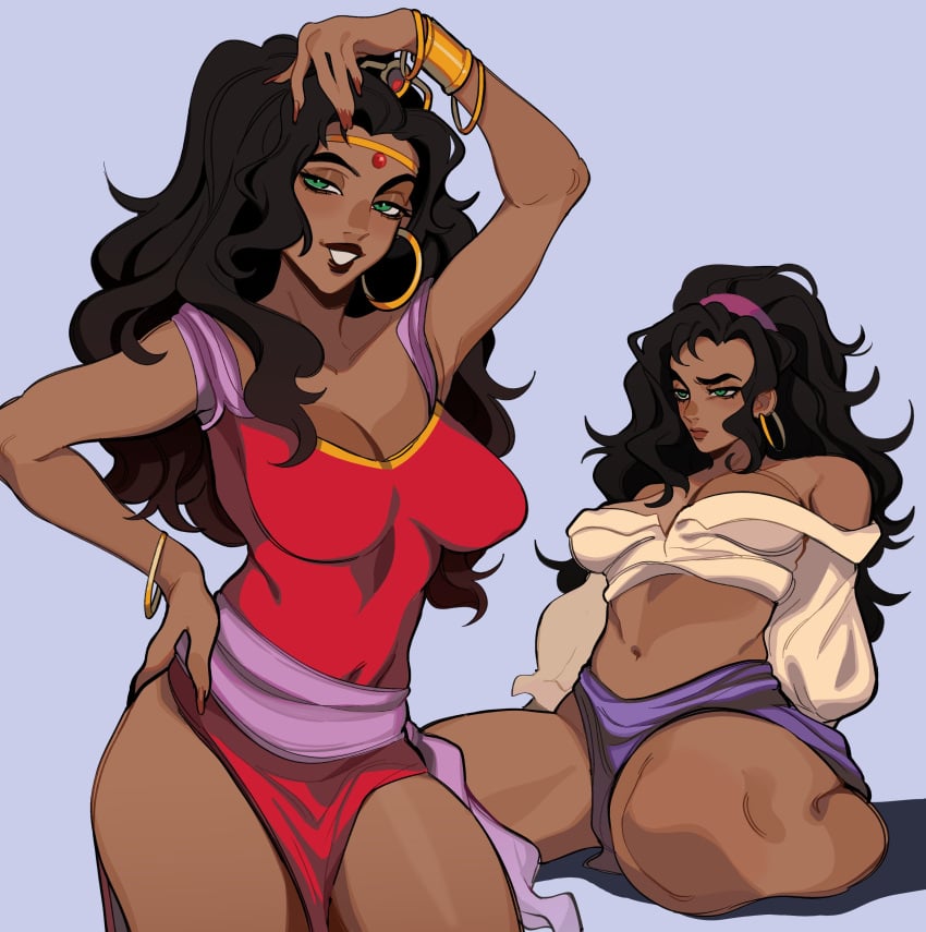 black_hair black_lipstick cleavage dark-skinned_female disney esmeralda gypsy kneeling long_hair pagan porqueloin posing smile tagme the_hunchback_of_notre_dame