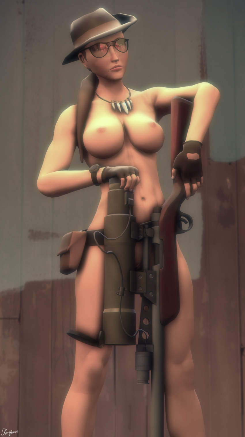 1girls 3d adorable cute cute_expression cute_face cute_female cute_girl female female_only femsniper gun human human_female human_only kuudere nipples nude pinup rule_63 sniper solo solo_female source_filmmaker sunglasses team_fortress_2 tinted_eyewear