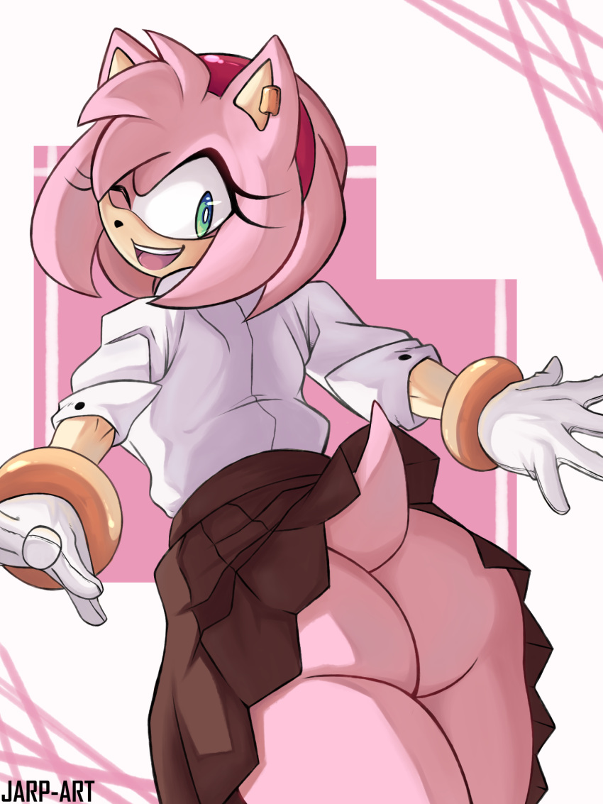 1girls amy_rose animal_ears animal_tail anthro anthro_only ass ass_focus big_ass big_butt blouse bracelet bubble_butt clothed clothing eulipotyphlan female female_focus female_only fur furry furry_only gloves going_commando hedgehog hedgehog_ears hedgehog_tail hi_res jarp-art looking_at_viewer looking_back mammal no_panties pink_body rear_view school_uniform schoolgirl sega shirt skirt sleeves_rolled_up solo sonic_(series) sonic_the_hedgehog_(series) standing tail thick_thighs upskirt wide_hips wink