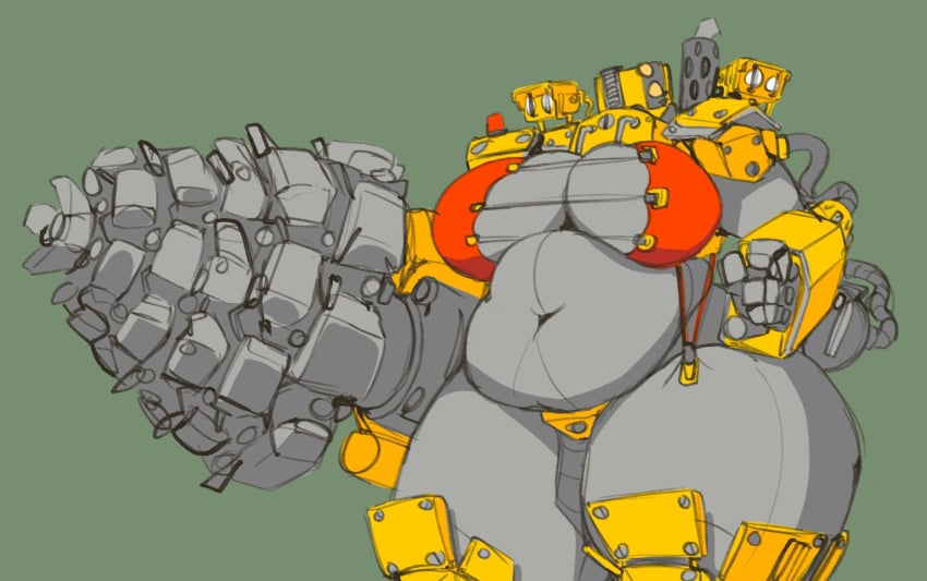 33millionsnails arm_drill barely_contained_breasts big_breasts chubby chubby_female deep_rock_galactic doretta_(deep_rock_galactic) drill drill_arm female mecha navel robot robot_girl tagme_(artist) thick_thighs tubes vehicle_humanoid