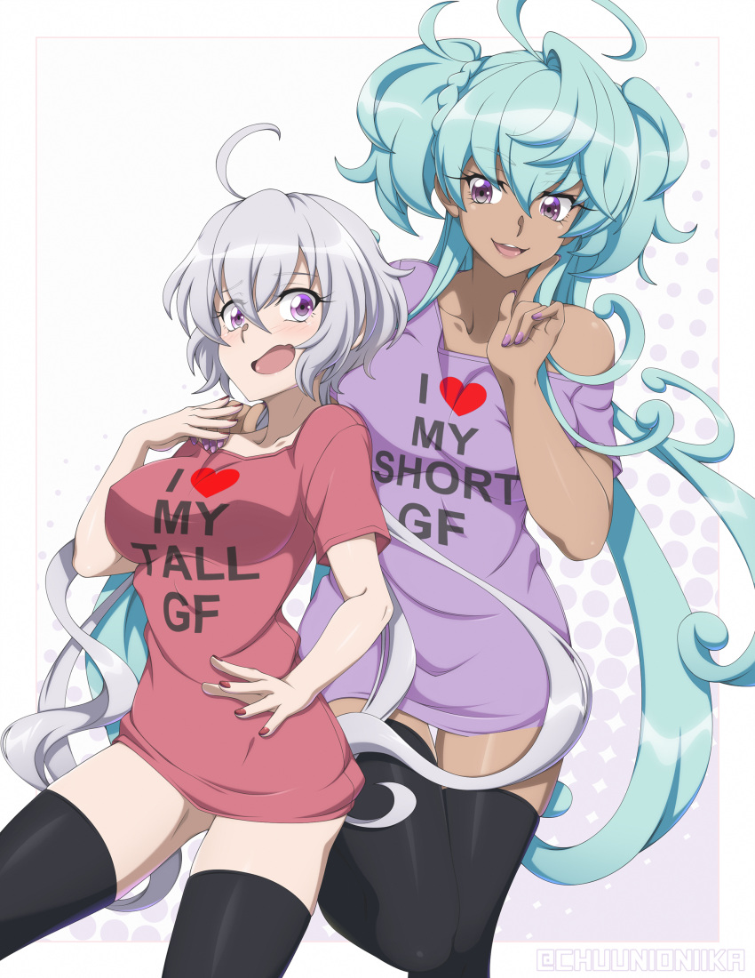 2girls absurdres ahoge aqua_hair artist_name black_legwear braid cagliostro_(symphogear) chuunioniika dark-skinned_female dark_skin english_text highres long_hair low_twintails multiple_girls nail_polish off_shoulder open_mouth purple_eyes purple_hair senki_zesshou_symphogear shirt short_sleeves smile t-shirt thighhighs twintails two_side_up wholesome yukine_chris yuri