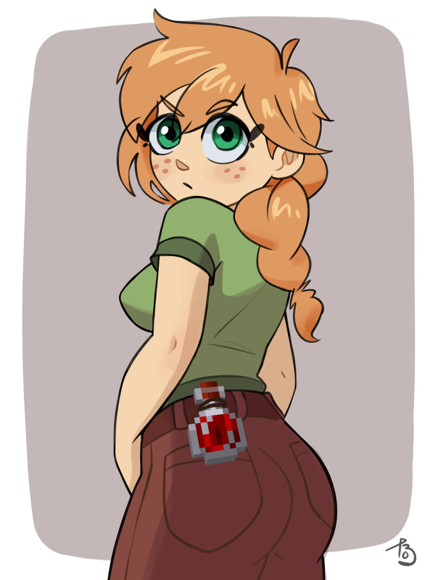 1girls alex_(minecraft) ass blush braid breasts clothed female freckles highres looking_back looking_over_shoulder microsoft minecraft mojang orange_hair pants potion shirt single_braid solo tobiart