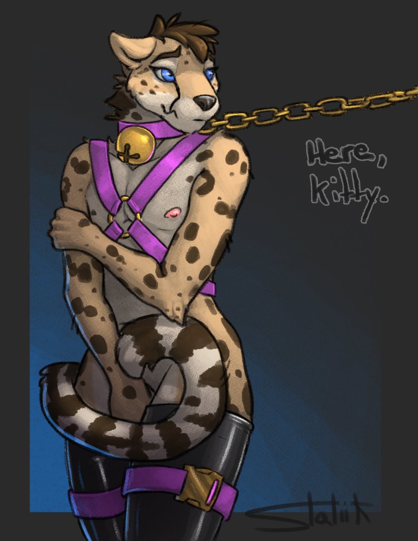 anthro bdsm_gear bdsm_outfit bell bell_collar bondage chain_leash chains cheetah clothed clothing collar covering covering_crotch ears_back eyebrows eyelashes felid feline gold_(metal) harness harness_ring hi_res holding_arm king_cheetah latex latex_legwear latex_stockings leash leash_and_collar leash_pull leashed_male legwear long_eyelashes male mammal markings partially_clothed pivoted_ears raised_eyebrow shy simple_background skinny skinny_male skinny_tail solo solo_focus spots spotted_markings statiik_(artist) straps striped_markings striped_tail stripes submissive submissive_anthro submissive_male tail_markings text