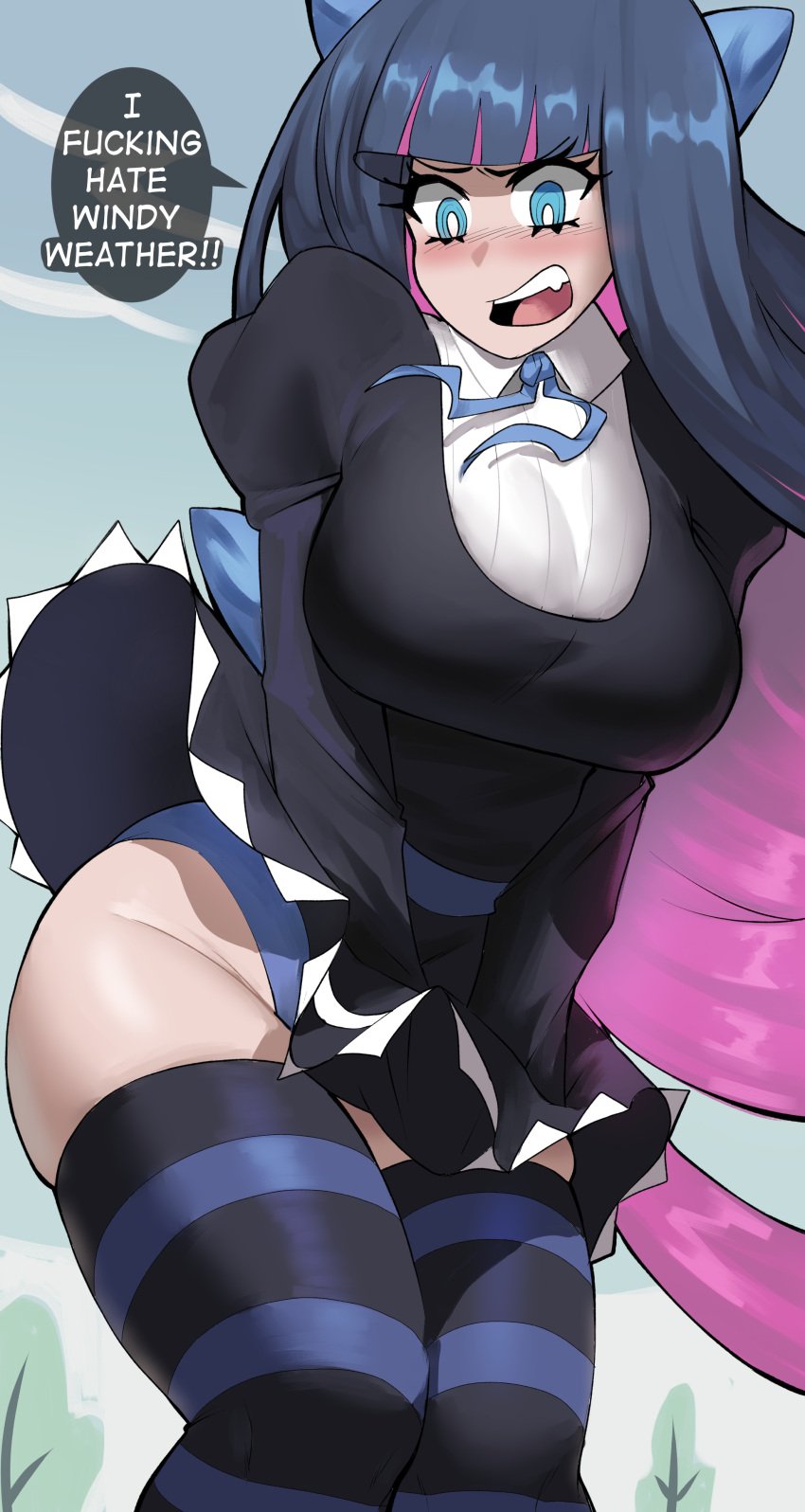 1girls 2022 angry black_dress black_hair blue_eyes blush breasts clothed clothed_female dialogue dress dress_tug echosaber embarrassed english_text female hi_res hips huge_breasts long_hair outdoors panty_&_stocking_with_garterbelt panty_peek slim_waist stocking_anarchy text thick_thighs thighs very_high_resolution wide_hips wind_lift