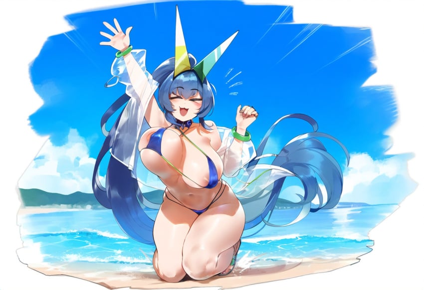 ai_generated areola_slip azur_lane bikini blue_hair bouncing_breasts cheerful henrik_n huge_breasts new_jersey_(azur_lane) novelai skimpy_bikini thiccwithaq_(ai_style) thick_thighs waving_at_viewer wide_hips