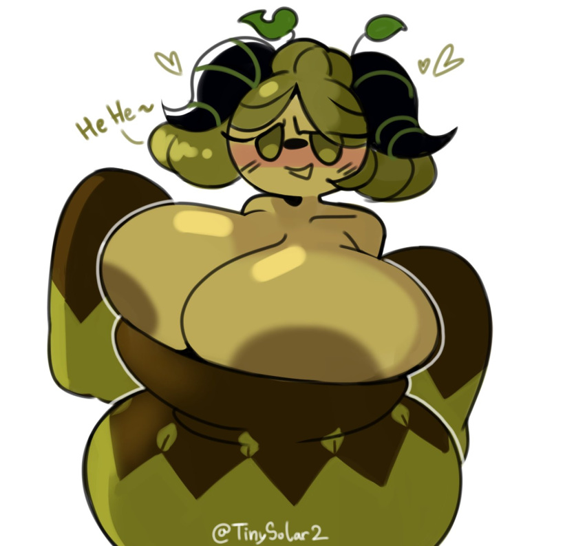 <3 1girls areola_slip big_breasts blush breasts_out_of_clothes cookie_run female female_only green_eyes green_hair horns huge_breasts laugh leaf matcha_cookie mob_face partially_clothed simple_background smile solo tagme tinysolar white_background