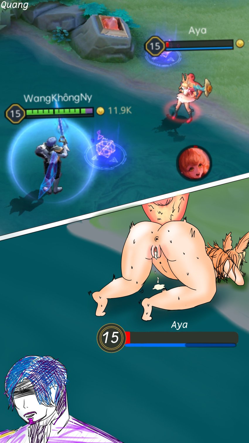 1boy 1girls anus aov arena arena_of_valor aya_(aov) aya_arena_of_valor big_ass florentino gameplay_mechanics parody pussy quang tail video_games weapon