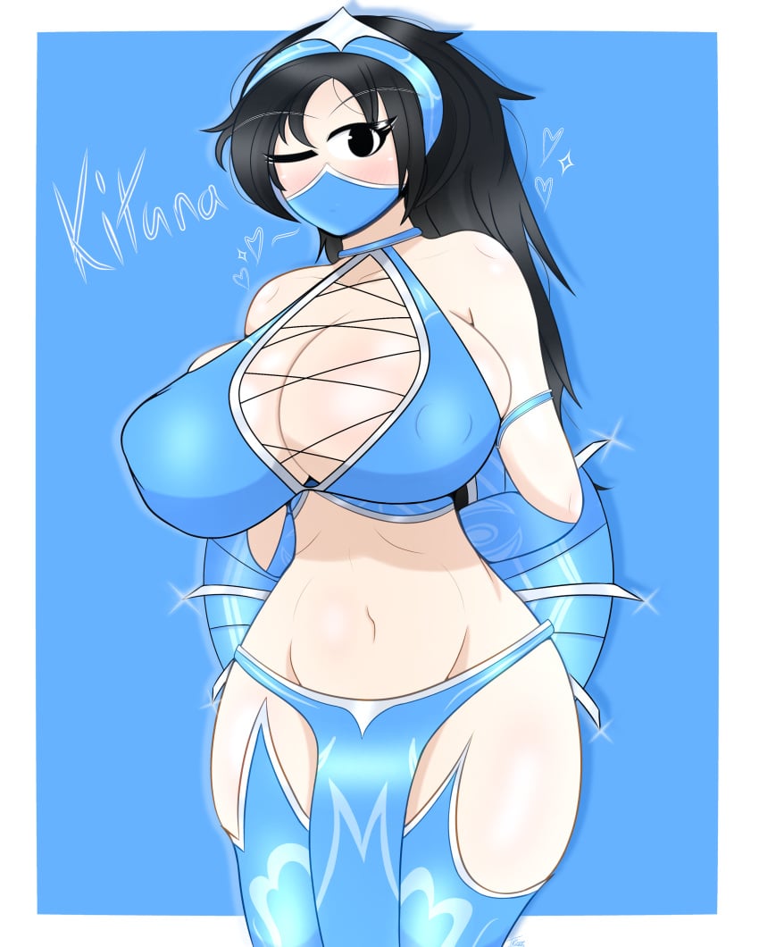 1girls 4k black_hair breast_squeeze breasts breasts_bigger_than_head clothed clothing female_focus gothtrishy hands_behind_back heart hi_res highres huge_breasts kitana kitana_(mk9) long_hair looking_at_viewer mask masked_female mortal_kombat mortal_kombat_(2011) netherrealm_studios ninja solo_female squished_breasts squishy text thick_thighs thighs tight_clothing tight_fit wink winking_at_viewer