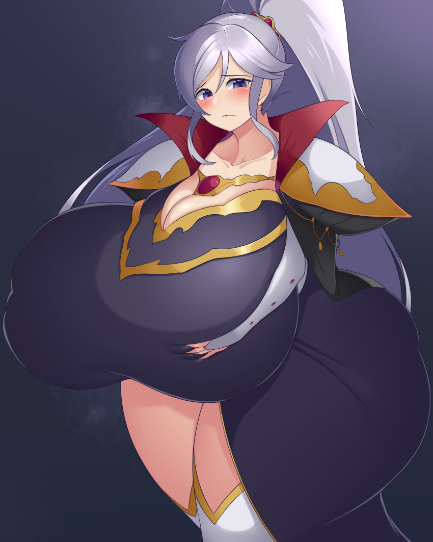 blue_eyes bluespice blush cleavage curvy female fire_emblem fire_emblem:_genealogy_of_the_holy_war fire_emblem_heroes gigantic_breasts hi_res holding_breast huge_thighs ishtar_(fire_emblem) long_hair massive_ass massive_breasts massive_thighs necklace nintendo pauldrons ponytail purple_eyes sad silver_hair solo squeezing_breast thick_thighs wide_hips