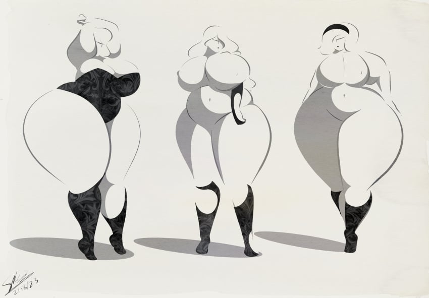 3girls belly big_belly big_breasts breasts huge_thighs minimalist multiple_girls pinup plump sparks_spectrum thighs