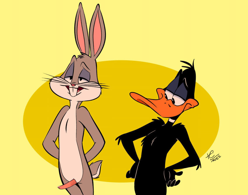 anthro avian bird bugs_bunny daffy_duck duck duo erection genitals hi_res juneduck21 lagomorph leporid looney_tunes male mammal penis rabbit soft_feathers warner_brothers