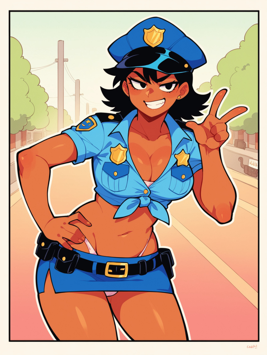 1girls ai_generated big_breasts breasts cleavage clothed clothing dark-skinned_female dark_hair dark_skin earrings female female_focus female_only grinning hand_on_hip hips jorgecarlosai knotted_shirt midriff navel panties peace_sign police police_hat police_uniform policewoman shirt_knot short_sleeves skirt smirk tagme tan-skinned_female tan_skin thighs thong tied_shirt underwear v