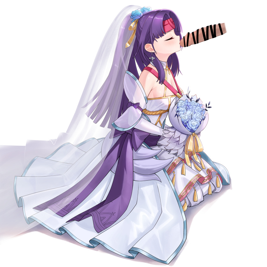 1boy 1girls absurdres alternate_costume alternate_hairstyle bouquet breasts bridal_veil bride censored cleavage closed_eyes commentary commission cross cross_earrings dress earrings female female_focus fire_emblem fire_emblem:_radiant_dawn fire_emblem_heroes flower hair_flower headband highres holding holding_bouquet jewelry kiss kissing kneeling long_hair male nabiyan nintendo official_alternate_costume official_alternate_hairstyle penis penis_kiss pixiv_commission ponytail purple_hair red_headband sanaki_kirsch_altina sanaki_kirsch_altina_(bridal) see-through simple_background sitting small_breasts solo_focus tassel veil wedding_dress white_background