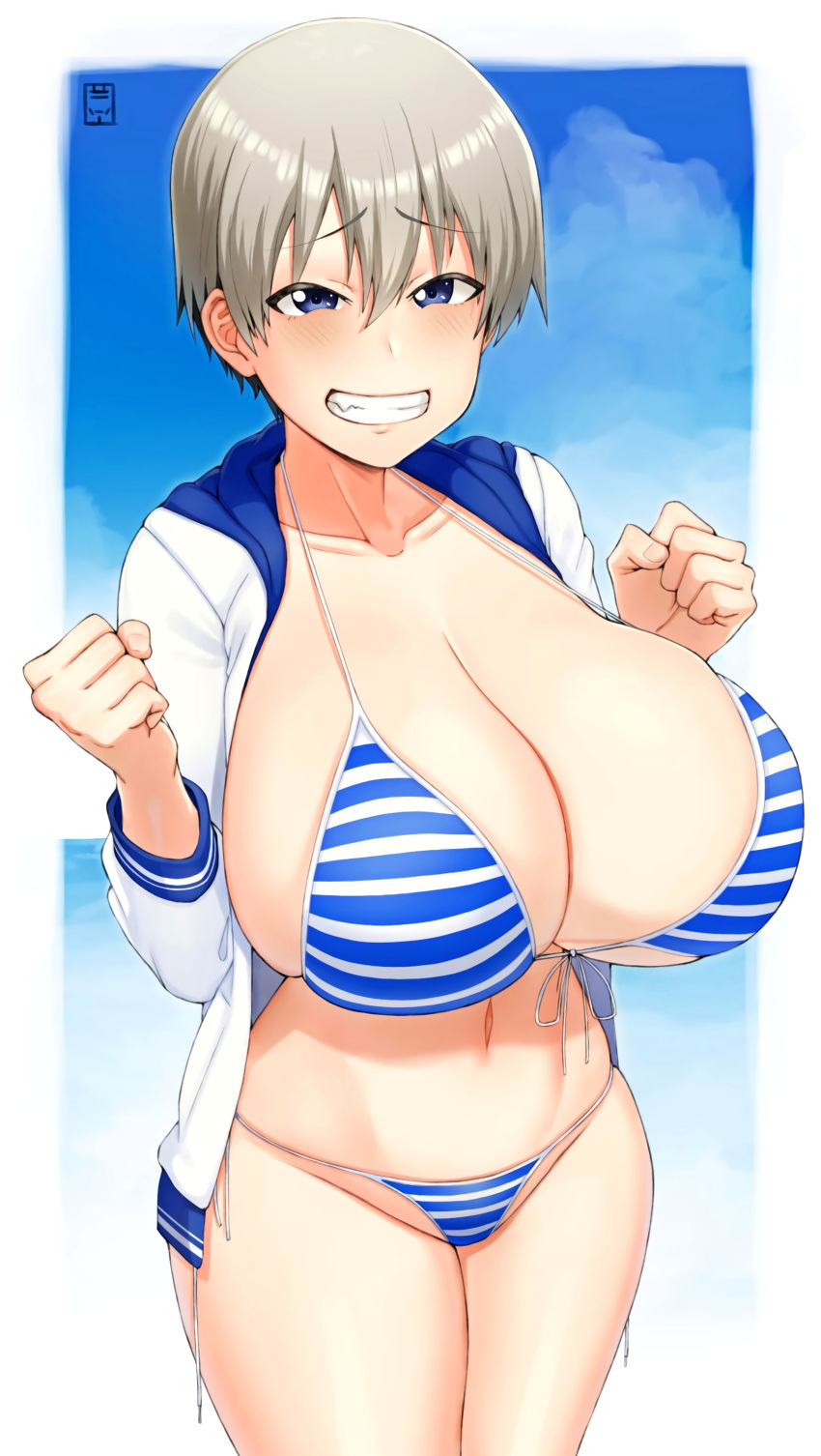 1girls bakunyuu bangs belly_button bikini blue_eyes blue_stripes blush border breasts cleavage clenched_hands clenched_teeth collarbone curvaceous enormous_breasts eyebrows_visible_through_hair fangs female female_only grey_hair hair_between_eyes handplug hi_res high_resolution highres hood hooded_track_jacket hourglass_figure huge_breasts jacket japanese_text looking_at_viewer navel open_clothes open_jacket open_mouth outdoors raised_eyebrows short_hair showing_teeth side-tie_bikini silver_hair smiling smiling_at_viewer solo solo_female solo_focus string_bikini striped_bikini swimsuit swimwear teeth track_jacket two-tone_bikini uzaki-chan_wa_asobitai! uzaki_hana voluptuous white_border white_stripes