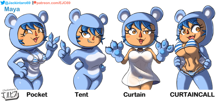 2022 animal_crossing animal_crossing_girl bear_suit big_breasts bikini blue_hair breasts curtain_call_challenge digital_media_(artwork) fan_character female fursuit human jackintaro looking_at_viewer nintendo oc pawpads paws simple_background underwear undressing villager_(animal_crossing) yellow_eyes