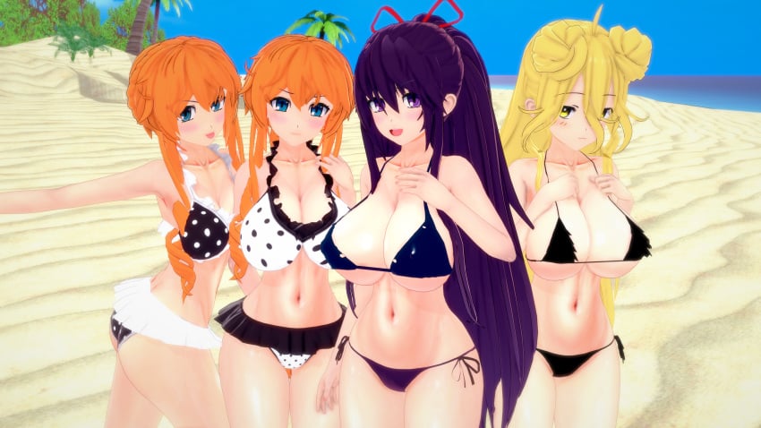 4girls ass beach bikini blonde_hair blue_eyes breasts date_a_live female_only hoshimiya_mukuro light-skinned_female orange_hair pintanick purple_eyes purple_hair yamai_kaguya yamai_yuzuru yatogami_tohka yellow_eyes