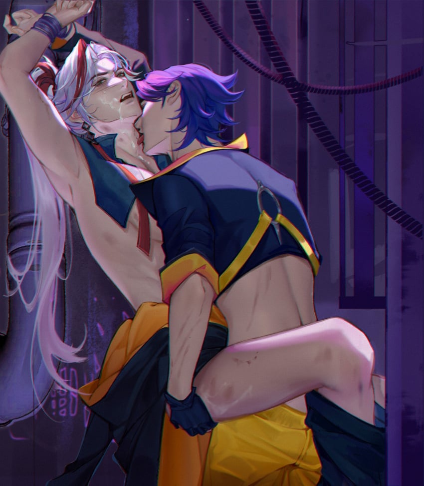 anal anal_sex anal_sex bite_mark bondage gay heartsteel_kayn heartsteel_series heartsteel_yone kayn league_of_legends licking licking_neck long_hair male male/male partially_clothed penetration purple_hair saliva saliva_trail sex tied_hands two_tone_hair white_hair yaoi yone