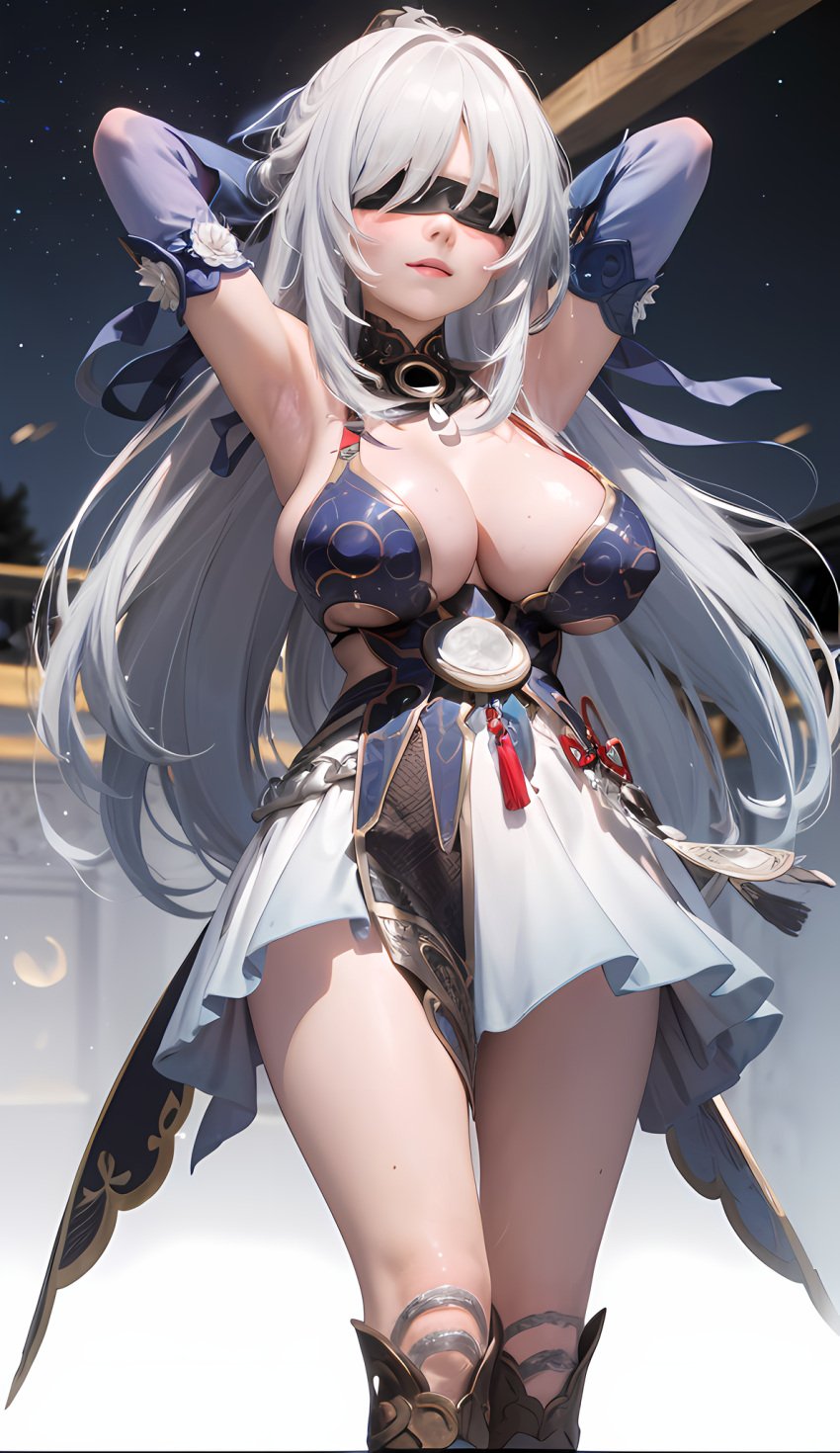 1girls ai_generated armpits arms_up bare_shoulders big_breasts blindfold boots cleavage clothing cortezian_generations dress female hi_res honkai:_star_rail honkai_(series) hoyoverse huge_breasts jingliu_(honkai:_star_rail) long_hair mihoyo night_sky patreon solo stars thick_thighs thighs white_hair