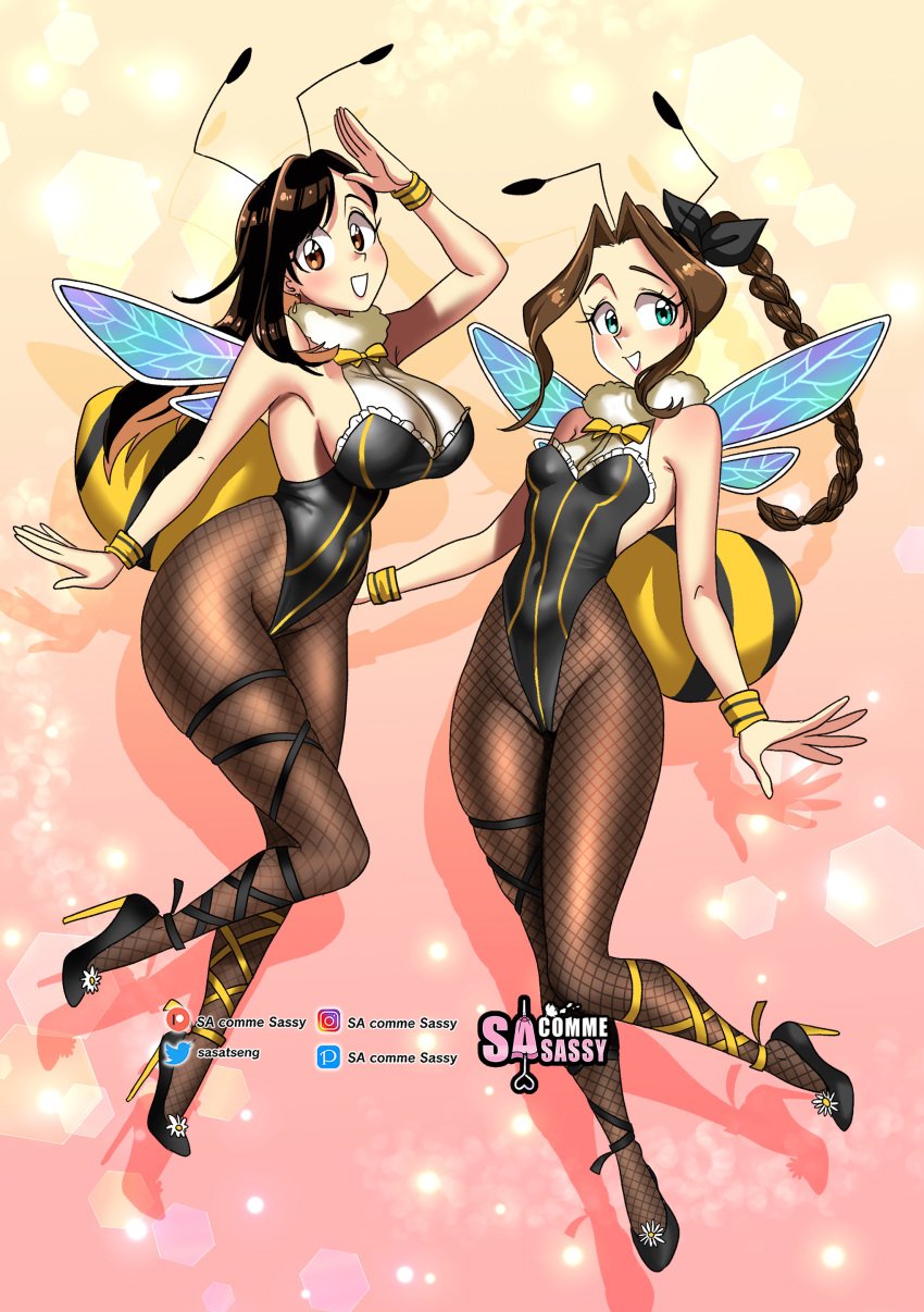 2girls abdomen aerith_gainsborough antennae aqua_eyes bee bee_costume black_hair braid brown_eyes brown_hair female female_only final_fantasy final_fantasy_vii final_fantasy_vii_remake fishnet_pantyhose hair_ribbon heels honey_bee_inn honeybee_inn_uniform insect_wings long_hair looking_at_viewer neck_ribbon pantyhose sasatseng smiling smiling_at_viewer tifa_lockhart very_high_resolution wings wristband