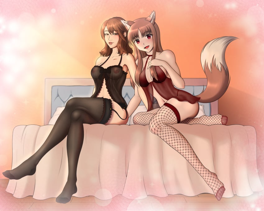 2girls animal_ears babydoll bed black_socks cissnei crisis_core_final_fantasy_vii female female_only final_fantasy final_fantasy_vii fishnet_socks fishnet_thighhighs fishnets garter_straps holo honeycums lingerie multiple_girls nightgown red_eyes red_hair red_socks seductive_smile sitting socks spice_and_wolf stockings tail thigh_socks thighhighs wolf_ears wolf_girl