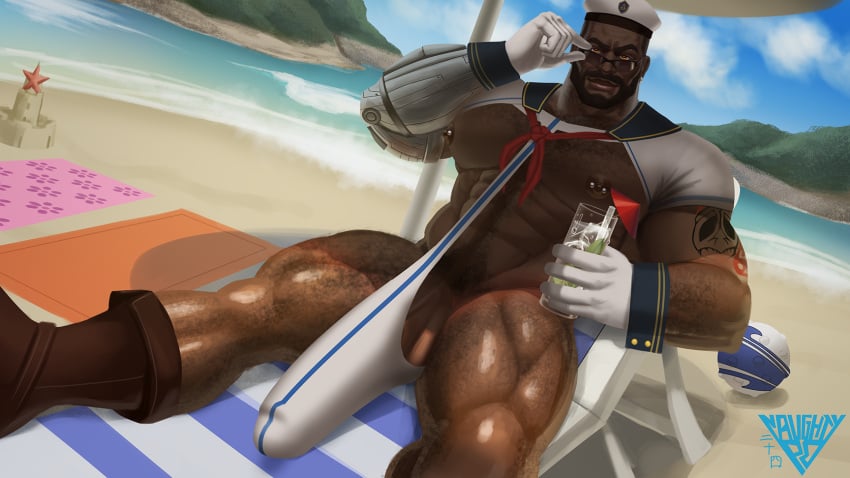 1male bara barret_wallace beach big_penis dark-skinned_male dark_skin final_fantasy final_fantasy_vii hairy hairy_male male male_focus male_only melanin muscular muscular_male naughty_po prosthetic_arm revealing_clothes self_upload solo solo_male sunglasses