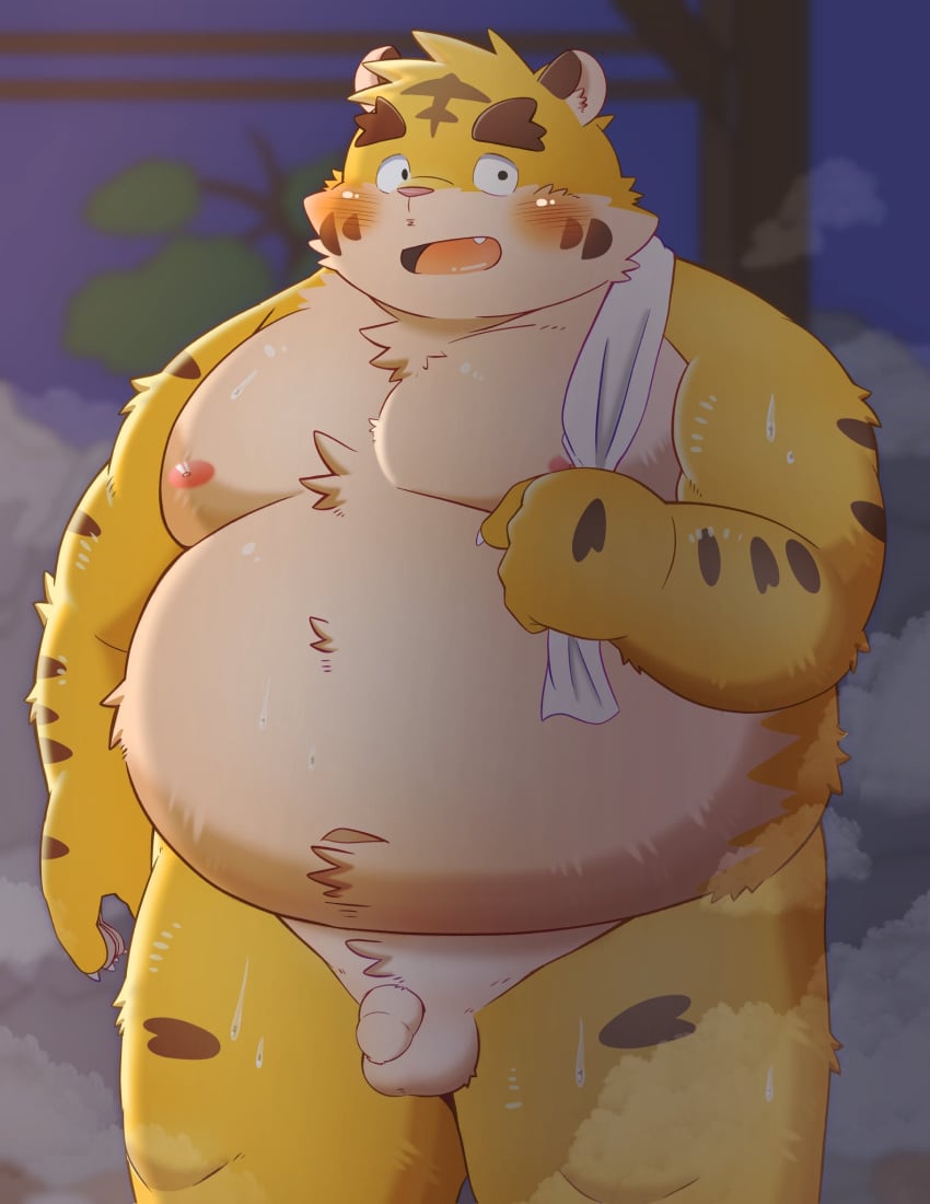 2024 anthro balls belly big_belly blush felid flaccid genitals hi_res kemono male male_only mammal moobs navel nipples overweight overweight_male pantherine penis puss3250 solo tiger towel towel_on_shoulder