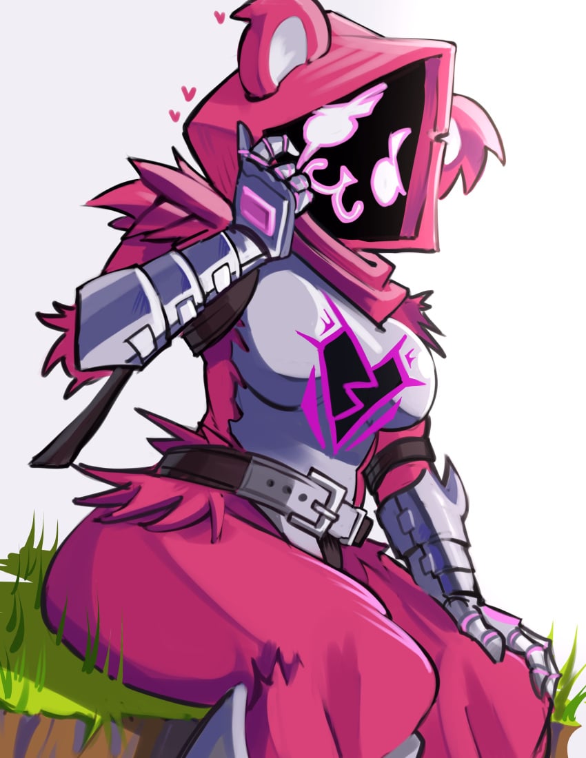 1female 1girls armor bear_ears belt big_breasts breasts eyebrows female fur gauntlets grass hand_on_own_thigh head_tilt heart hood hood_up looking_at_viewer moxydrawsmore pink_clothing raven_team_leader raven_team_leader_(cuddly) scar scar_across_eye shaded_face sitting smile solo thick_thighs thighs white_background wide_hips