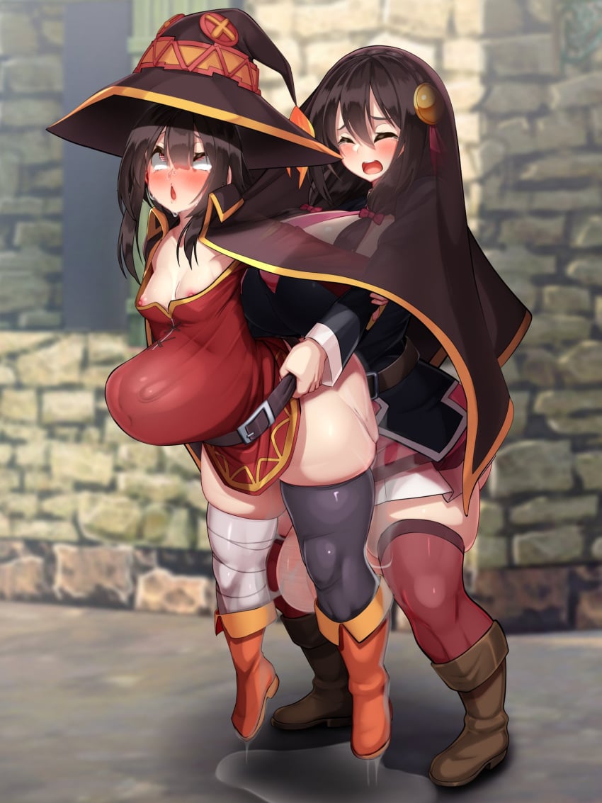 1futa 1girls ahegao black_hair cum_inflation cum_leaking excessive_cum female futa_on_female hair_pin holding huge_cock kawahagitei kono_subarashii_sekai_ni_shukufuku_wo! large_breasts large_penis megumin red_clothes stomach_bulge surprised suspended_on_penis witch_hat yunyun_(konosuba)