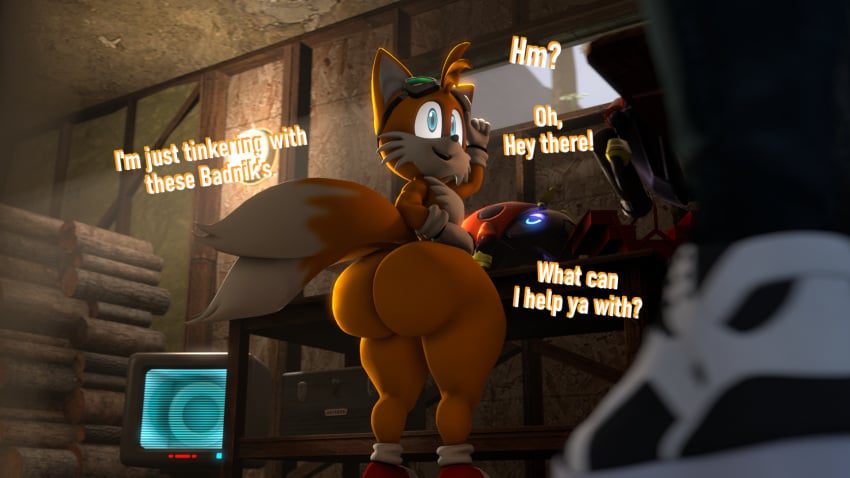 3d aiden_(uncle_aiden) anthro ass big_ass big_butt black_nose bottom_heavy bubble_ass bubble_butt curvy curvy_figure dialogue femboy feminine_male fox fur furry garage gay goggles goggles_on_forehead goggles_on_head human human_on_anthro male/male nude oblivious sega sfm smiling smiling_at_partner sonic_(series) sonic_the_hedgehog_(series) source_filmmaker standing tails tails_the_fox text thick_thighs uncle_aiden wide_hips working yellow_fur