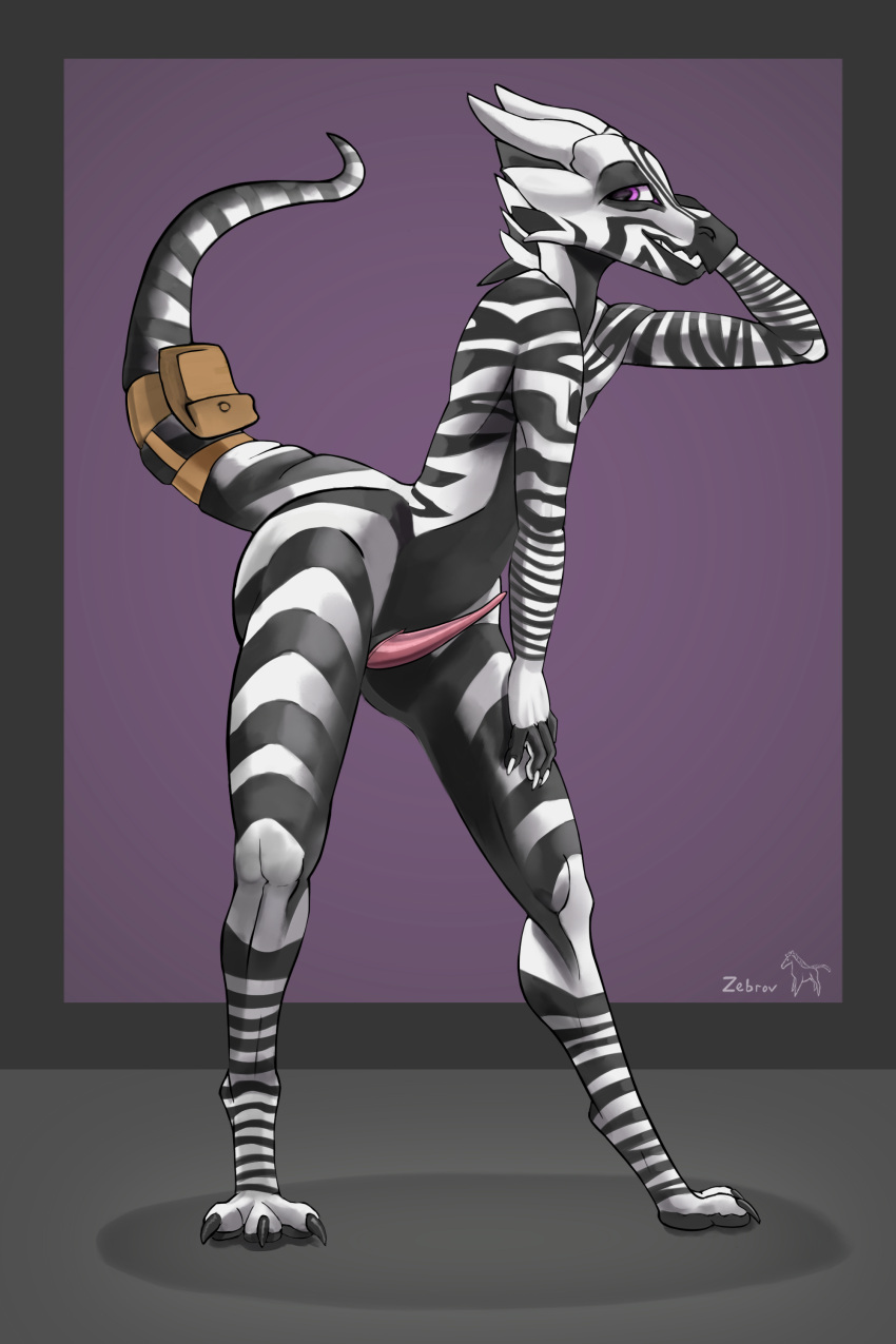 absurd_res accessory anthro bag furgonomics genitals hi_res horn kobold looking_at_viewer male multicolored_body multicolored_scales paws penis pose scales simple_background smile solo striped_body stripes tail_accessory tail_bag zebrov