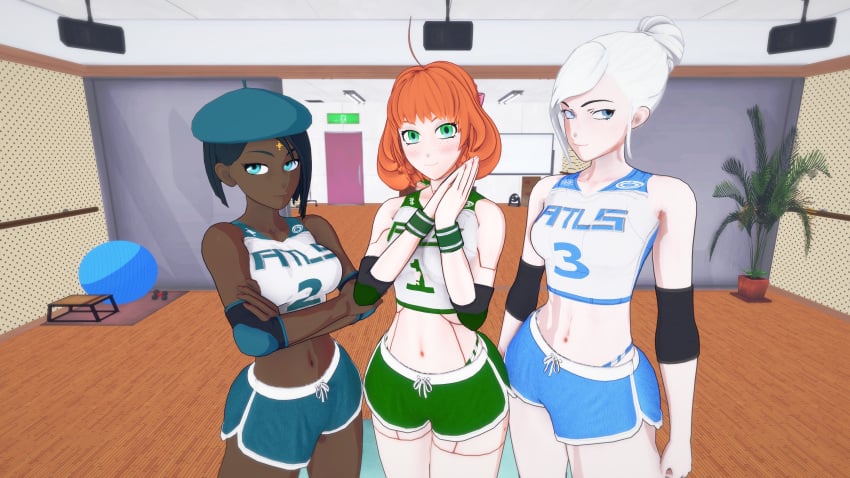 android ciel_soleil dark-skinned_female dolphin_shorts ginger_hair gym_uniform indrick_[artist] koikatsu penny_polendina rwby short_hair sports_bra tagme thong white_hair winter_schnee