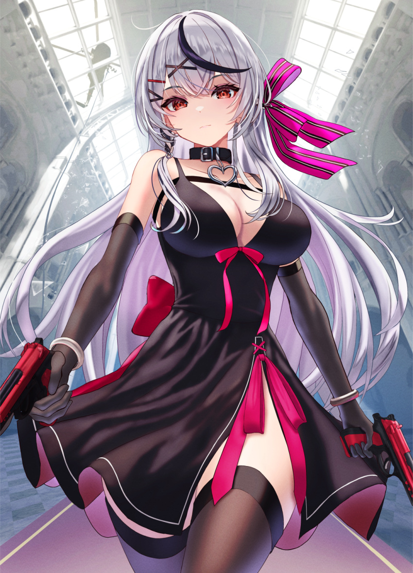 1girls black_collar black_dress black_gloves black_hair black_thighhighs breasts cleavage collarbone elbow_gloves grey_hair guns hair_ornament hololive hololive_japan holox inari_(ambercrown) large_breasts long_hair nipples red_eyes sakamata_chloe solo virtual_youtuber x_hair_ornament