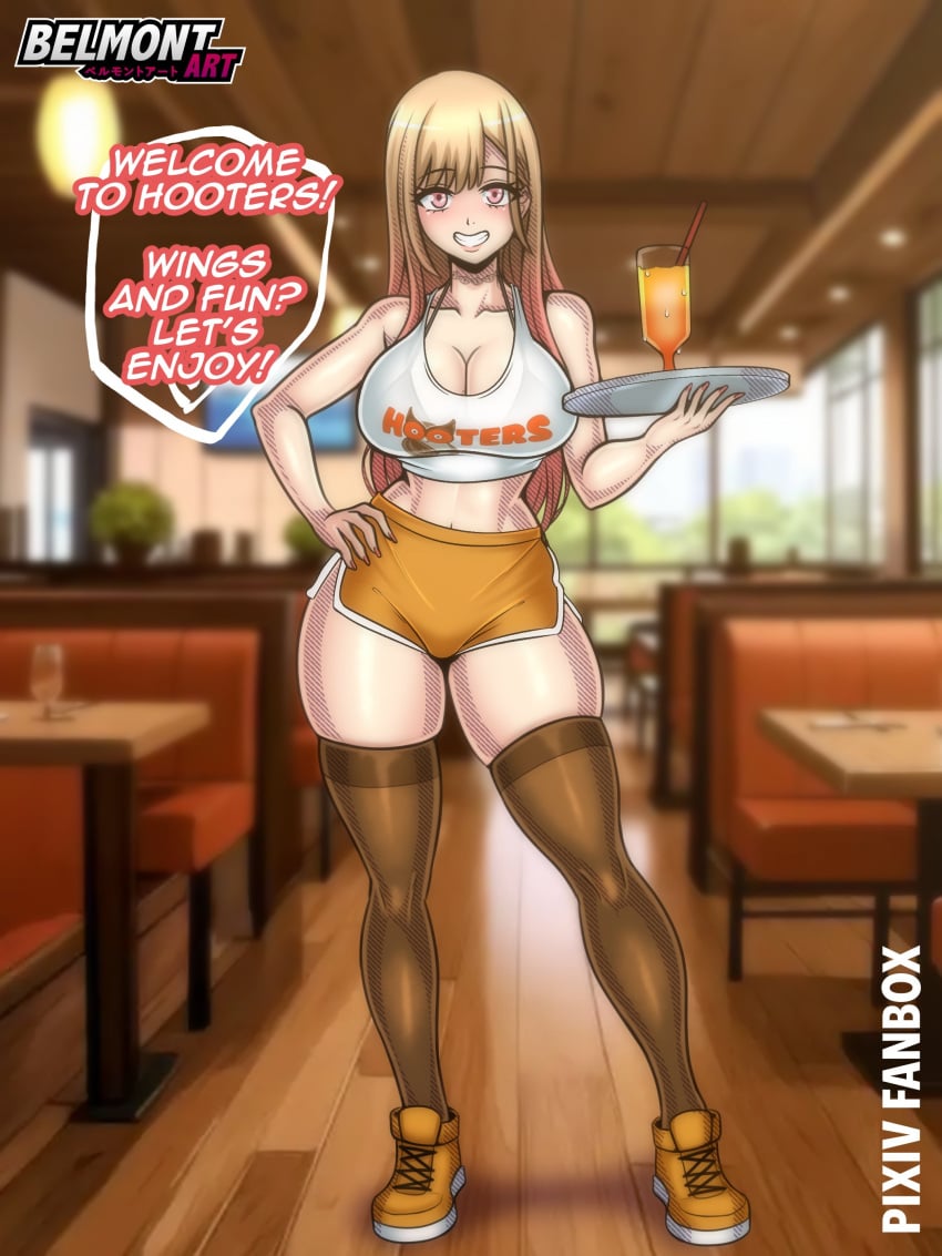 1girls bare_arms bare_shoulders bare_thighs belmont big_breasts blonde_hair blush clothed clothing color english_text female female_focus female_only hi_res hooters kitagawa_marin large_breasts light-skinned_female light_skin long_hair looking_at_viewer pink_eyes solo solo_female sono_bisque_doll_wa_koi_wo_suru stockings tagme text text_bubble thick_thighs