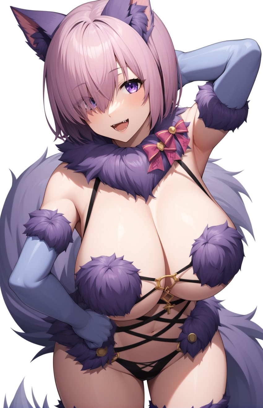 1girls ai_generated animal_ears bikini blush breasts dangerous_beast fate/grand_order fate_(series) female fur_bikini hair_over_one_eye hi_res huge_breasts light-skinned_female light_skin long_gloves mash_kyrielight mash_kyrielight_(dangerous_beast) pink_hair purple_eyes short_hair smile stable_diffusion thighhighs