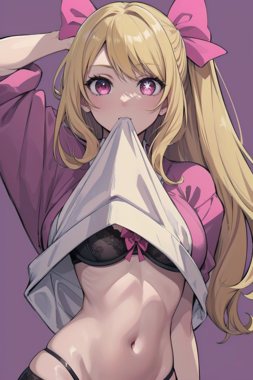 ai_generated belly_button blonde_hair blush blush bra hair_ornament hair_ribbon hoshino_ruby long_hair looking_at_viewer oshi_no_ko panties portrait purple_eyes setsuaiart setsumanga shirt_lift shirt_removed shirt_up slim_waist small_breasts teenager tied_hair wide_hips