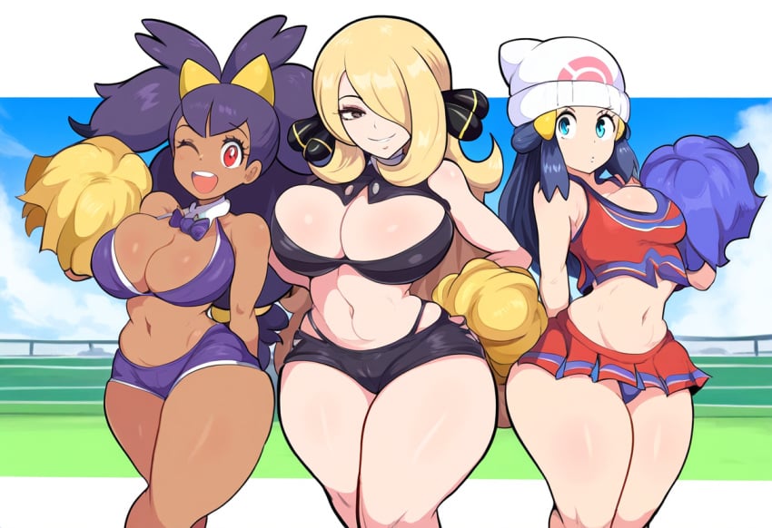 3girls aged_up ai_generated cheerleader cheerleader_outfit cheerleader_uniform cynthia_(pokemon) dark-skinned_female dawn_(pokemon) female female_only football_field huge_breasts iris_(pokemon) large_breasts looking_at_viewer mature_female novelai pokemon pokemon_bw pokemon_dppt thick_thighs