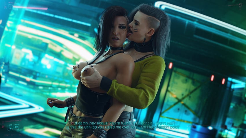 2girls 3d age_difference alternate_version_available breasts_out cd_projekt_red closed_eyes cybernetics cyberpunk_2077 dark_red_hair dialogue dinoboy555 english_text freckles gilf grey_hair groping groping_breasts groping_from_behind hud licking licking_ear licking_face mostly_clothed multiple_girls pierced_nipples pierced_tongue piercing rogue_amendiares surprised tits_out tongue v_(cyberpunk_2077) valerie_(cyberpunk_2077) yuri