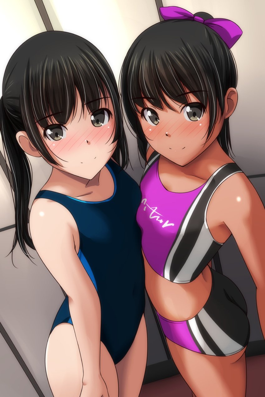 2girls ass black_hair black_one-piece_swimsuit black_swimsuit breasts brown_eyes buruma competition_swimsuit hairbow looking_at_viewer matsunaga_kouyou midriff one-piece_swimsuit original ponytail purple_buruma purple_sports_bra small_breasts sports_bikini sports_bra swimsuit twintails