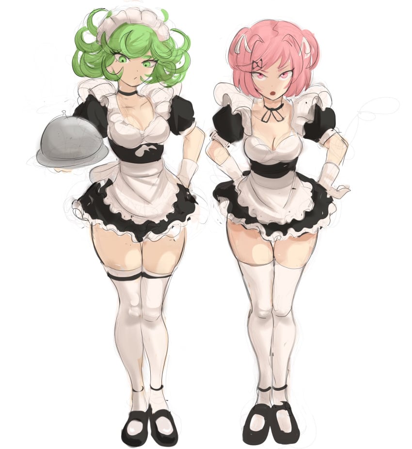 2girls adult_swim apron breasts child_bearing_hips choker crossover doki_doki_literature_club enmaided female female_only gloves green_eyes green_hair hairclip hand_on_hip holding_tray looking_at_viewer maid maid_apron maid_headdress maid_uniform mary_janes medium_breasts multiple_girls natsuki_(doki_doki_literature_club) one-punch_man pink_eyes pink_hair rakeemspoon shoes short_hair tatsumaki thighhighs toonami tray