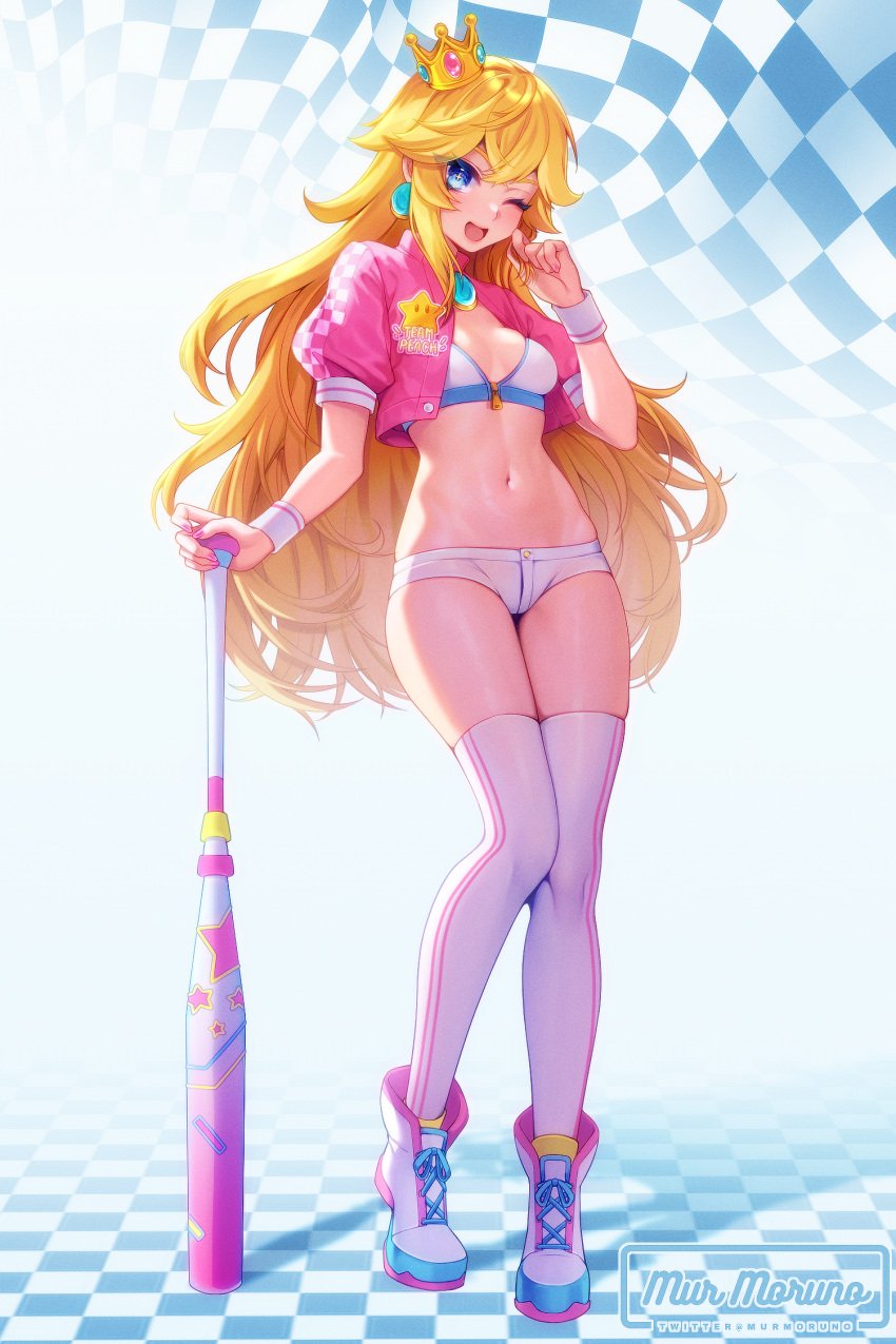 1girls baseball_bat blonde_hair blue_eyes boots bra breasts cleavage cropped_jacket crown earrings female female_only holding_baseball_bat jacket long_hair looking_at_viewer mario_(series) medium_breasts micro_shorts midriff murmoruno navel nintendo painted_fingernails pink_jacket princess_peach race_queen revealing_clothes shorts stockings thighhighs white_bra wristbands