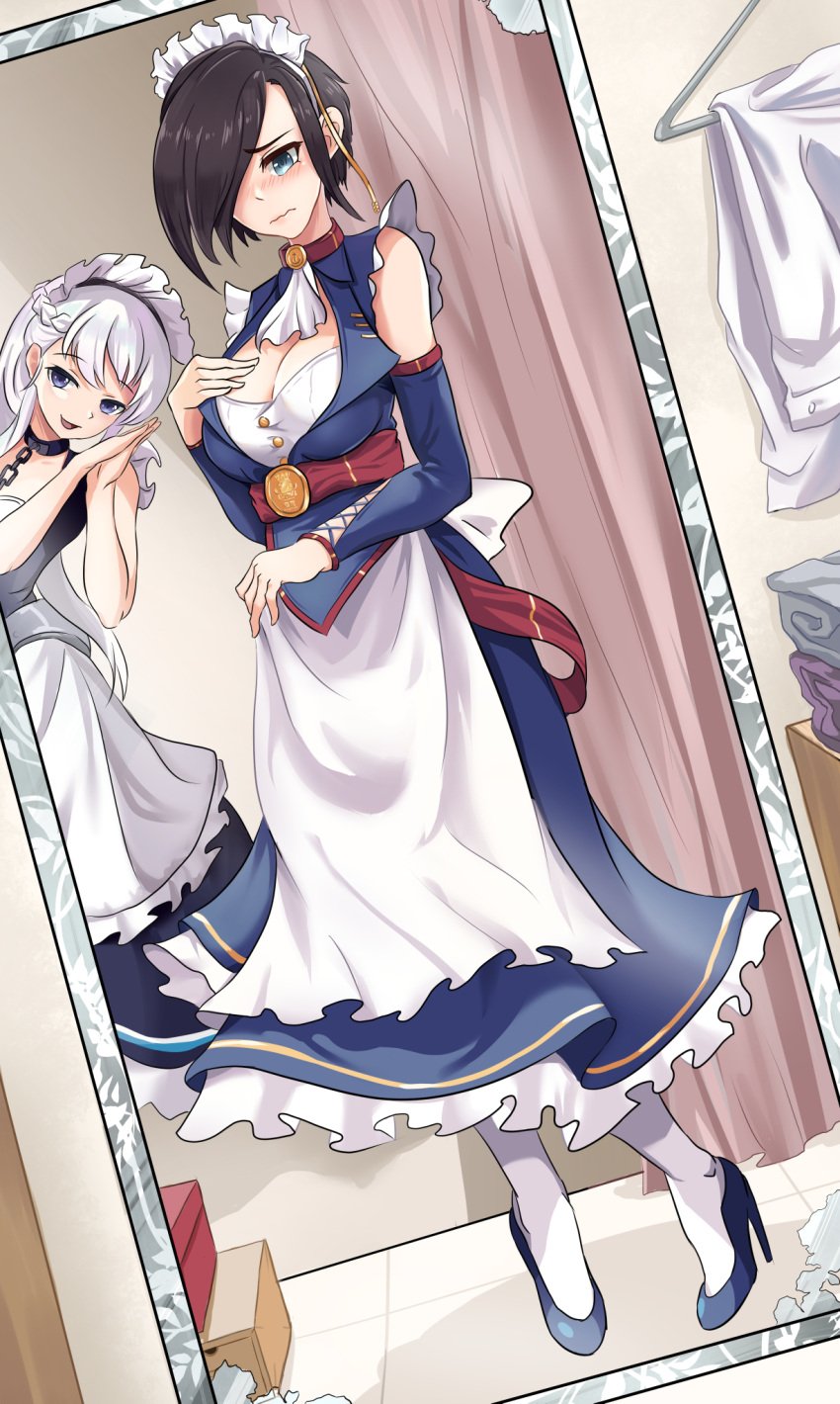 2girls apron ark_royal_(azur_lane) ascot azur_lane belfast_(azur_lane) black_hair blue_eyes breasts broken_chain chains changing_room collar enmaided fitting_room hair_over_one_eye high_heels large_breasts long_hair looking_at_viewer maid maid_apron maid_headdress maid_uniform mirror mirror_reflection short_hair tao_(t_a_o) thighhighs white_hair