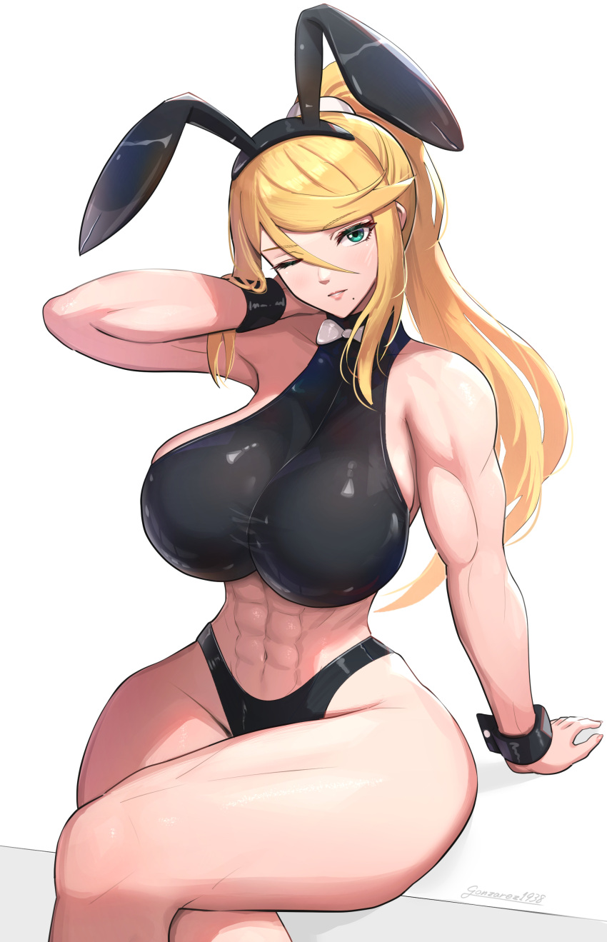 1girls abs blonde_hair blue_eyes breasts bunny_ears bunny_girl female gonzarez highleg huge_breasts light-skinned_female light_skin long_hair metroid midriff nintendo ponytail samus_aran super_metroid white_background