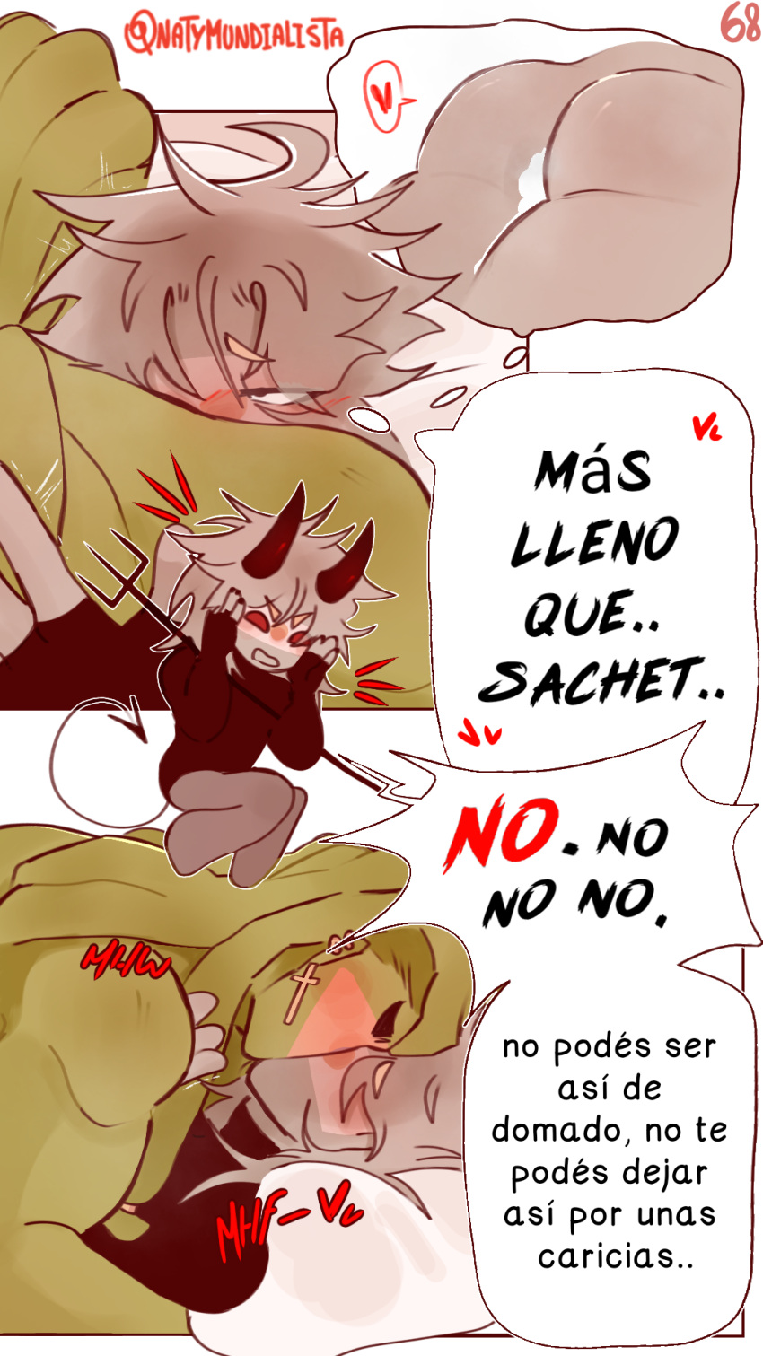 2boys argentina_(countryhumans) brazil_(countryhumans) comic comic_page countryhumans couple gay kinky_naty kissing male married_couple missionary_position page_68 page_number spanish_text tongue_kiss