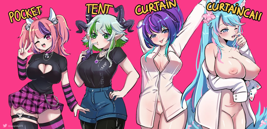 4girls areolae arm_warmers big_breasts blue_eyes blue_hair boob_window breasts casual clothed clothed_female clothes collar curtain_call_challenge demon_girl drinking emo emo_girl female_focus female_only froot green_eyes horns huge_breasts human human_only ironmouse large_breasts lenpinky273 lich light-skinned_female light_skin melody_(projektmelody) multiple_girls necklace nipples no_bra no_panties pink_hair pink_highlights pointy_ears projektmelody purple_eyes purple_hair short_hair shorts silvervale text thick_thighs thighhighs tongue tongue_out two_tone_hair virtual_youtuber vshojo wolf_ears wolf_girl wolf_tail