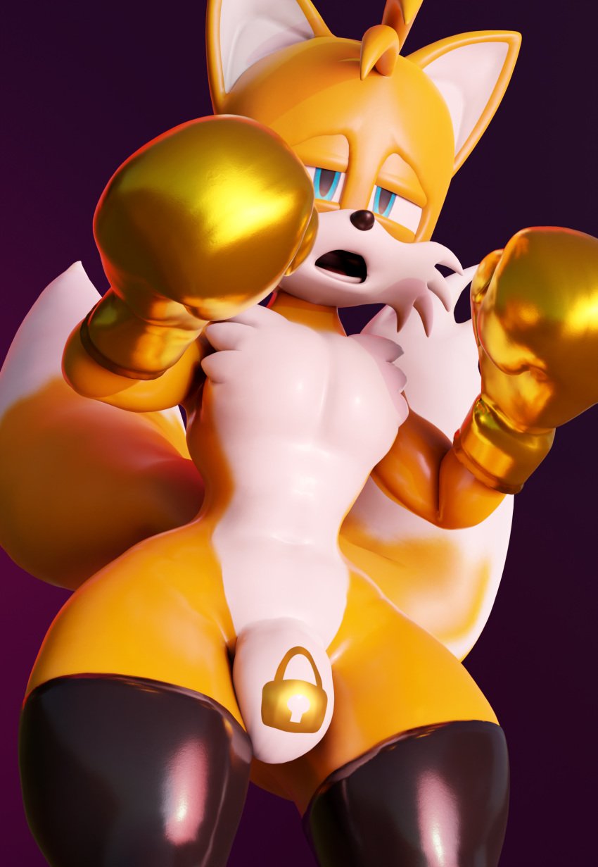 3d 3d_(artwork) absurd_res anthro boxing boxing_gloves bulge canid canine clothing dazed digital_media_(artwork) fox glistening glistening_body gloves gold_gloves golden_boxing_gloves golden_gloves hi_res latex legwear lock_symbol locked male male_only mammal null null_bulge sega solo sonic_(series) sonic_the_hedgehog_(series) sport tagme tails tails_the_fox tailsltx thigh_highs