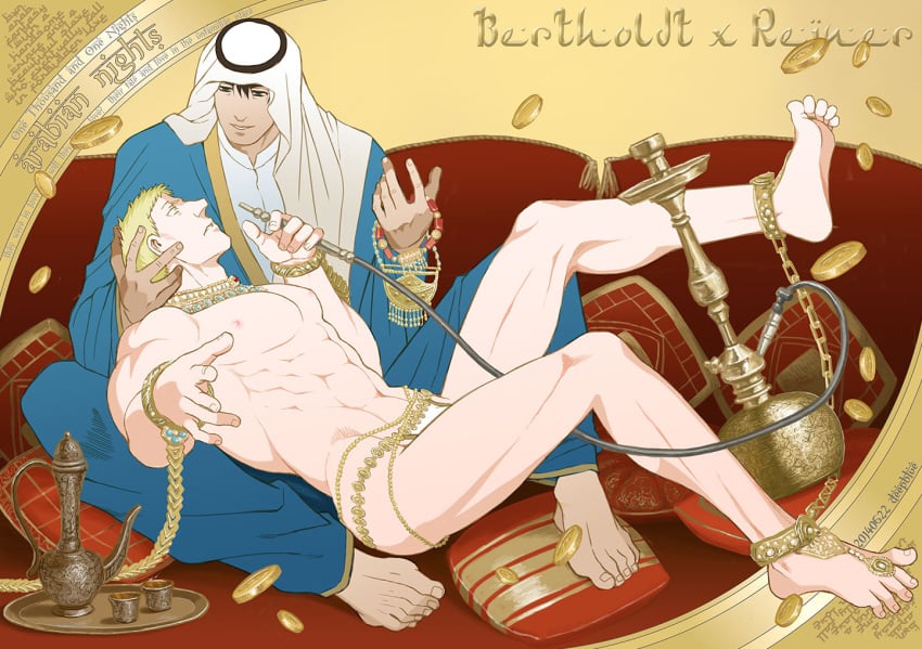 2boys ankle_cuffs arabian arabian_clothes attack_on_titan barefoot bertolt_hoover chained chains crossover doujin_cover gay harem_boy harem_outfit holding_head hookah jewelry looking_at_another lots_of_jewelry male male_only maledom malesub mostly_nude muscular muscular_male necklace reiner_braun slave smoking wrist_cuffs yaoi